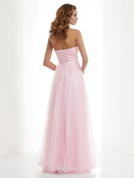 Elastic Long Sweetheart Sleeveless A-Line/Princess Beading Woven Satin Dresses