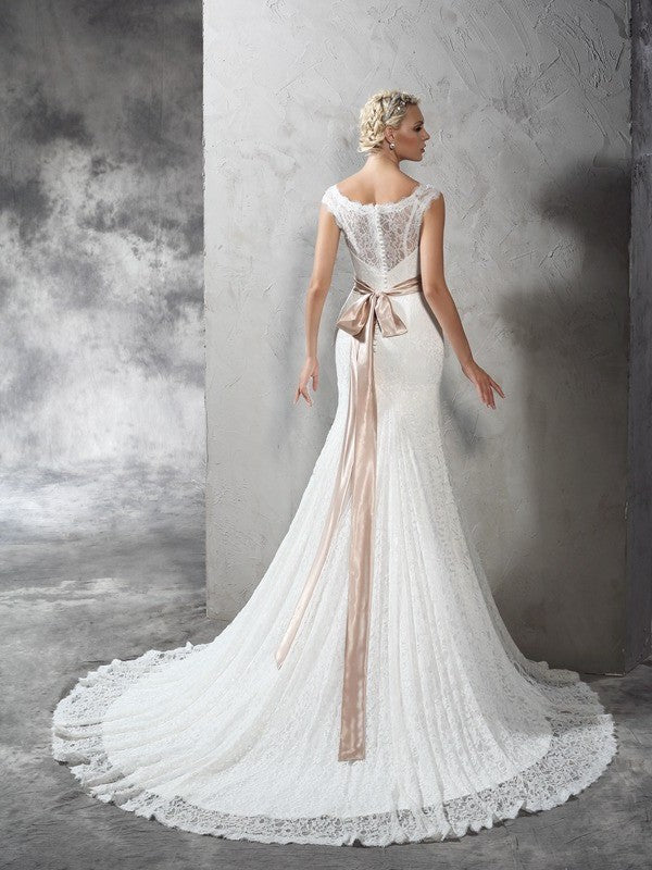 Sash/Ribbon/Belt Sleeveless Neck Sheath/Column Sheer Long Lace Wedding Dresses