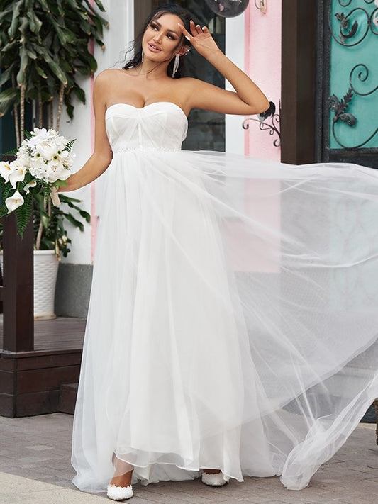 Sweep/Brush Sweetheart A-Line/Princess Sleeveless Ruffles Tulle Train Wedding Dresses