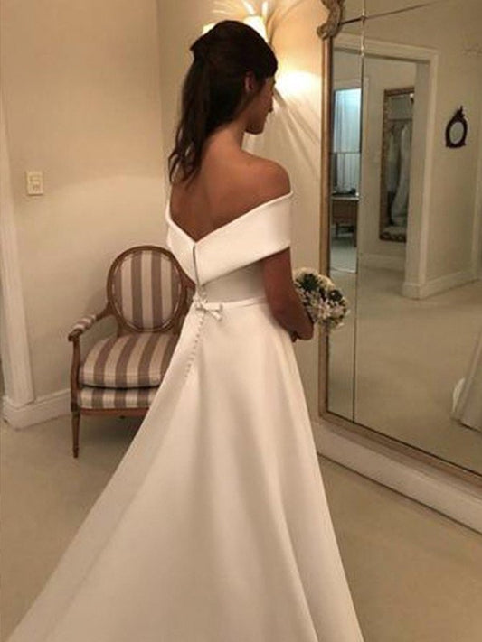 Sleeveless Sweep/Brush Ruffles Train A-Line/Princess Off-the-Shoulder Satin Wedding Dresses