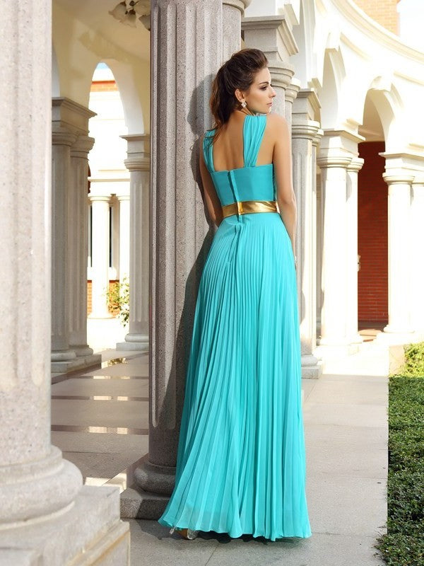 A-Line/Princess Pleats Sleeveless Long Chiffon Dresses