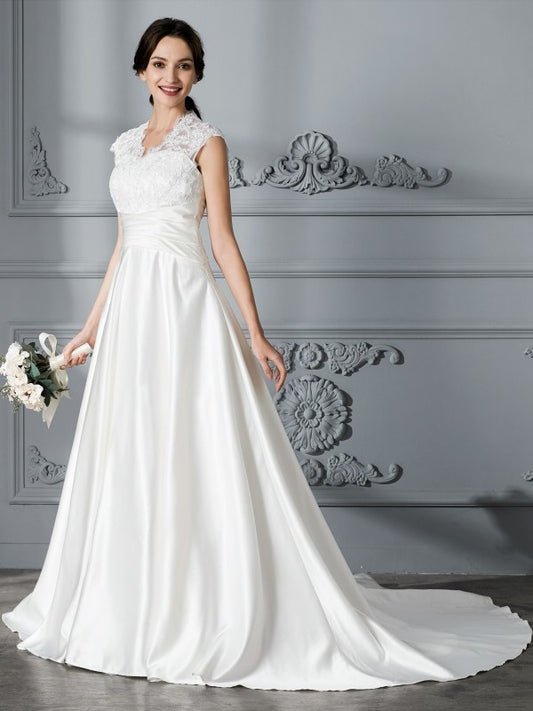 V-neck Court Ball Gown Train Sleeveless Satin Wedding Dresses