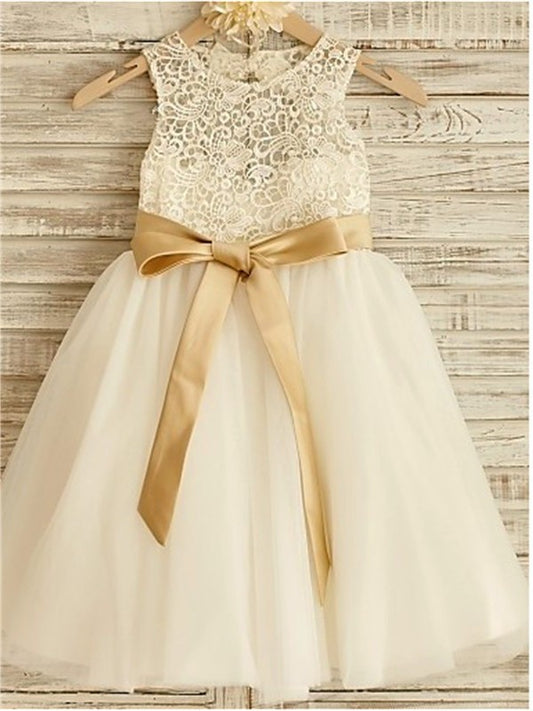 Sleeveless Scoop Bowknot Knee-Length A-line/Princess Tulle Flower Girl Dresses