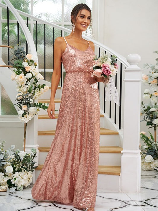 Sleeveless A-Line/Princess Sequins Ruched Straps Floor-Length Bridesmaid Dresses