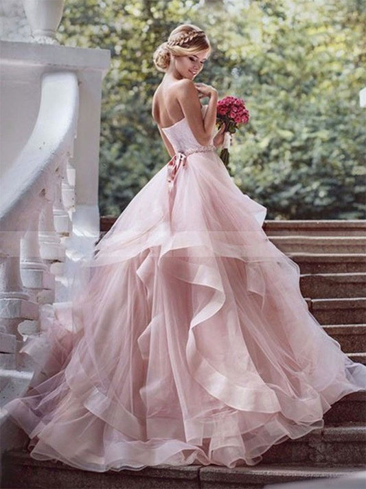 Gown Train Ball Sleeveless Layers Court Sweetheart Organza Wedding Dresses