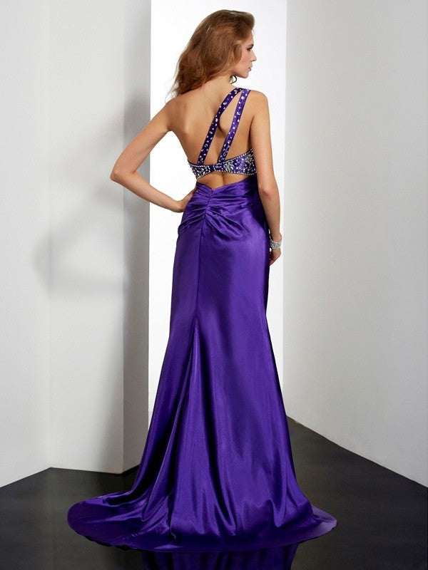 Elastic One-Shoulder Sheath/Column Beading Long Woven Satin Dresses