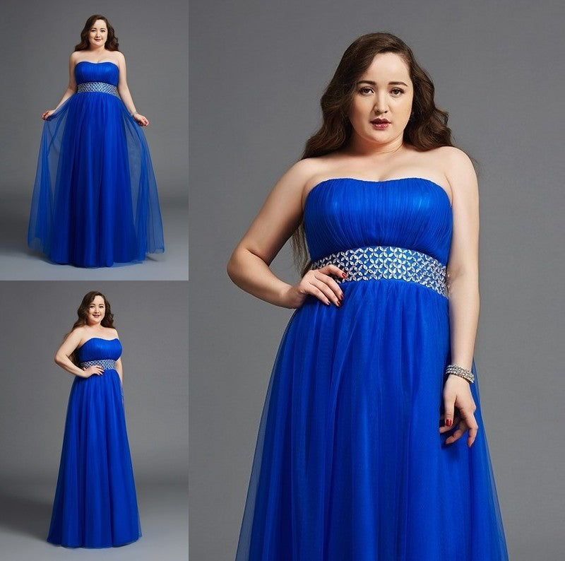 A-Line/Princess Rhinestone Sleeveless Long Net Strapless Plus Size Dresses