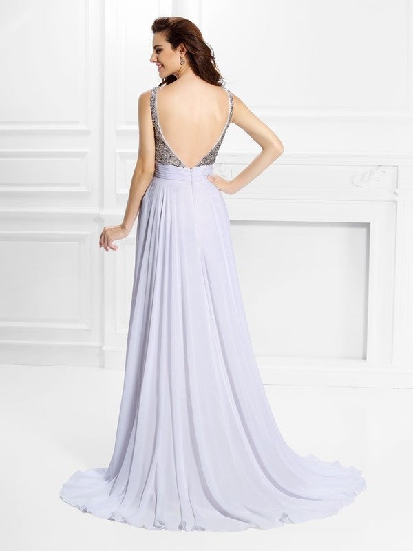 A-Line/Princess Pleats Straps Sleeveless Beading Long Chiffon Dresses