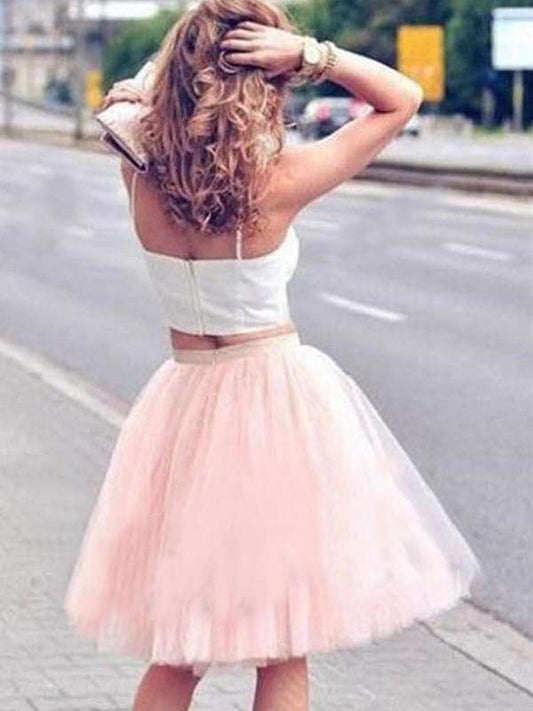 A-Line/Princess Tulle Abby Sleeveless Pleats Spaghetti Straps Homecoming Dresses Knee-Length Two Piece Dresses