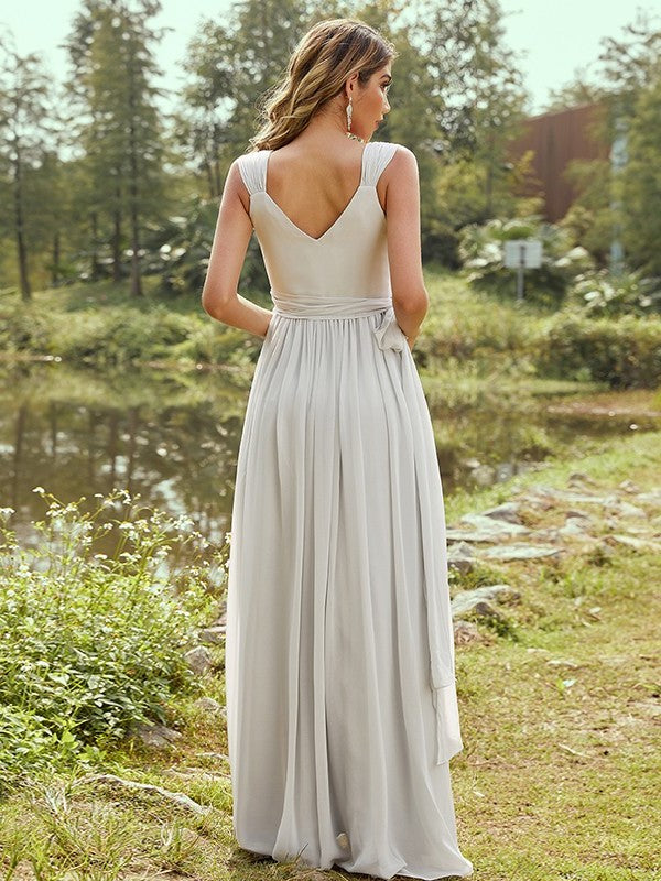 V-neck A-Line/Princess Sleeveless Chiffon Ruffles Floor-Length Bridesmaid Dresses