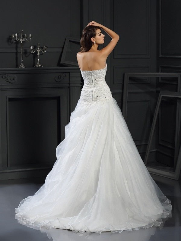 Ruffles Gown Long Sleeveless Ball Sweetheart Organza Wedding Dresses