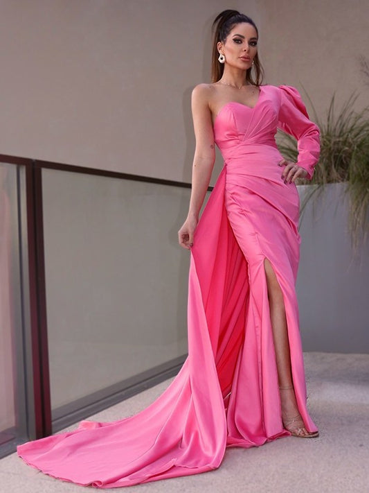 Ruched One-Shoulder Sleeves Long Sheath/Column Charmeuse Sweep/Brush Train Dresses