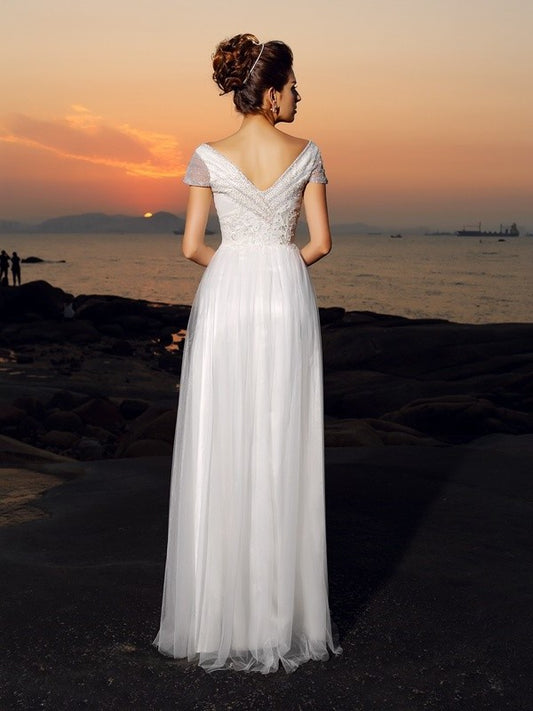 Sleeves A-Line/Princess Off-the-Shoulder Beading Tulle Long Short Beach Wedding Dresses