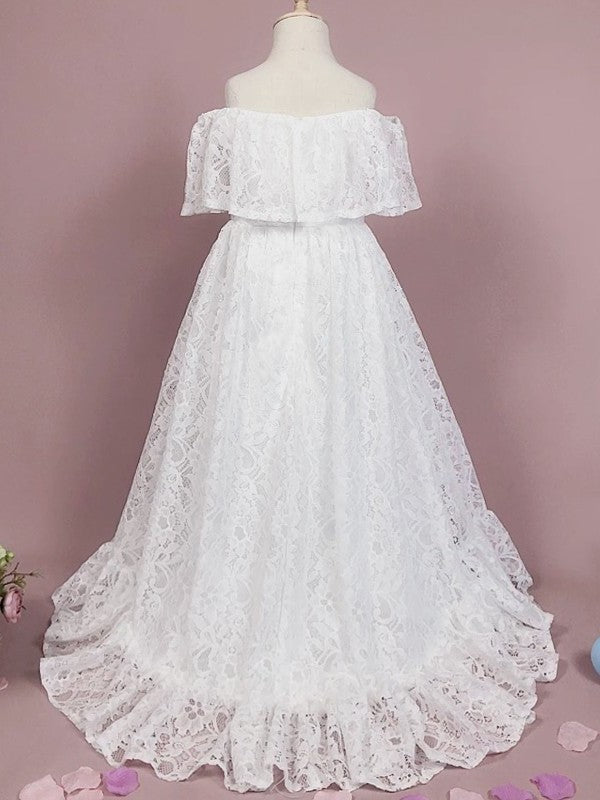 Lace Floor-Length Sleeveless A-Line/Princess Off-the-Shoulder Ruffles Flower Girl Dresses