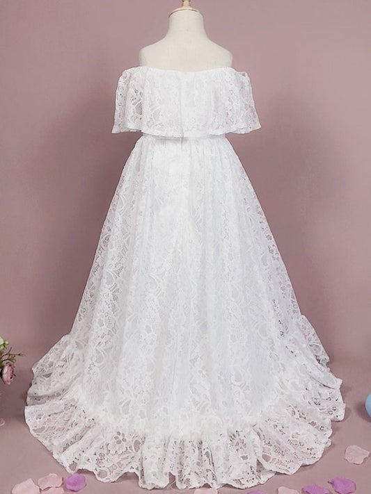 Lace Floor-Length Sleeveless A-Line/Princess Off-the-Shoulder Ruffles Flower Girl Dresses