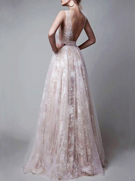 Tulle A-Line/Princess V-neck Floor-Length Sleeveless Applique Dresses