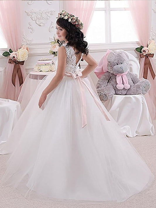 Tulle Sash/Ribbon/Belt Sleeveless Ball Gown Scoop Floor-Length Flower Girl Dresses