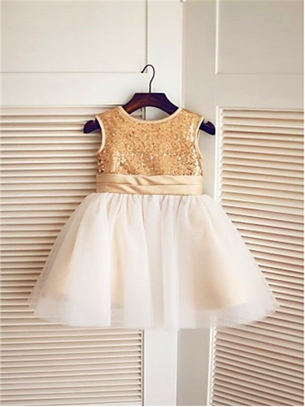 Sequin Knee-Length Tulle A-line/Princess Sleeveless Scoop Flower Girl Dresses