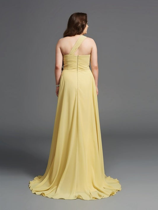 Chiffon Rhinestone A-Line/Princess Long Sleeveless One-Shoulder Plus Size Dresses