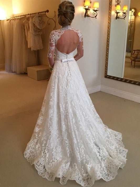 Court High Lace Long Neck Ball Gown Sleeves Train Wedding Dresses