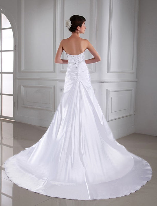 A-Line/Princess Woven Sleeveless Applique Elastic Beading Satin Wedding Dresses