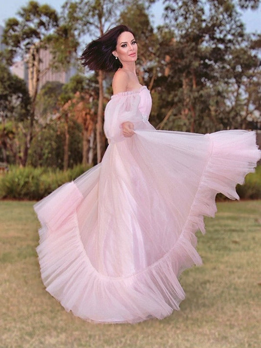 A-Line/Princess Tulle Floor-Length Sleeves Long Applique Off-the-Shoulder Dresses