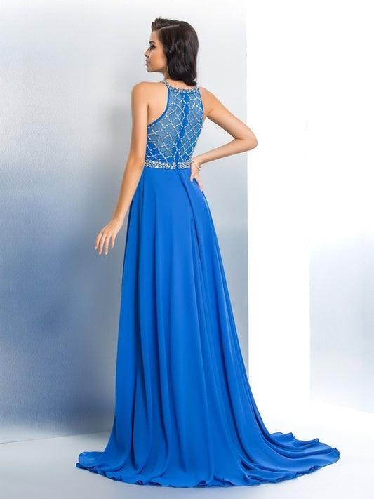 A-Line/Princess Beading Long Scoop Sleeveless Chiffon Dresses