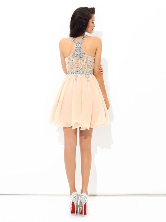 Mary A-Line/Princess Homecoming Dresses Straps Rhinestone Sleeveless Short Chiffon Cocktail Dresses