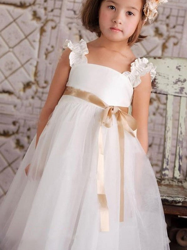 Sleeveless Ankle-Length Tulle Straps A-Line/Princess Sash/Ribbon/Belt Flower Girl Dresses