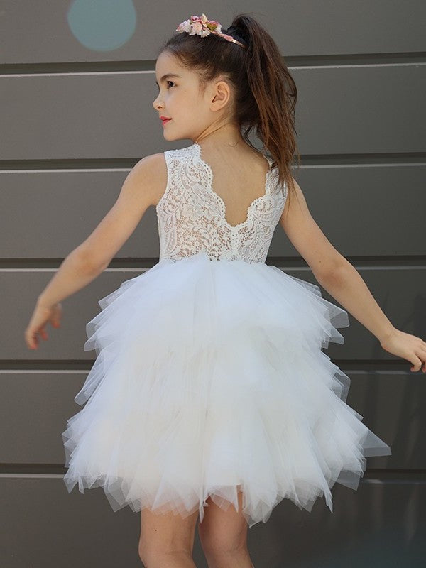 Lace A-Line/Princess Scoop Sleeveless Short/Mini Tulle Flower Girl Dresses