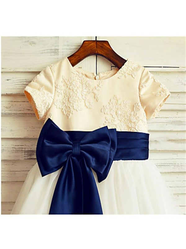 Scoop Tea-Length Short Sleeves A-line/Princess Tulle Bowknot Flower Girl Dresses