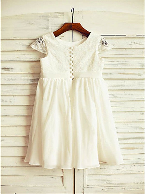 Lace Sleeves A-line/Princess Tea-Length Short Chiffon Scoop Flower Girl Dresses