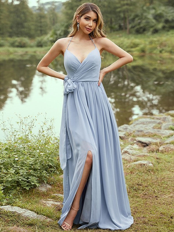 Sleeveless Sweep/Brush Ruffles V-neck Chiffon A-Line/Princess Train Bridesmaid Dresses