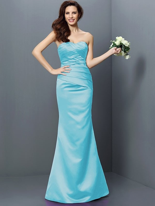 Pleats Sleeveless Trumpet/Mermaid Strapless Long Satin Bridesmaid Dresses