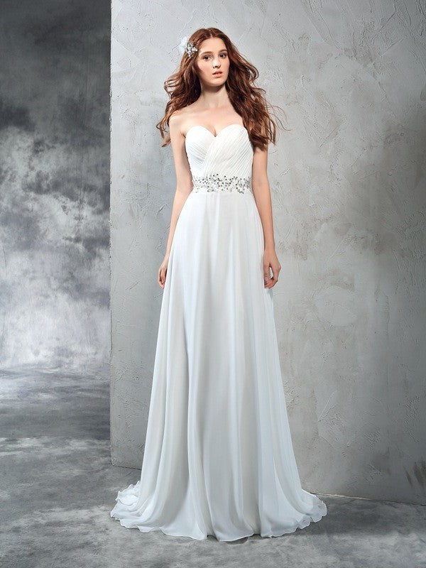 Sleeveless A-Line/Princess Long Sweetheart Pleats Chiffon Wedding Dresses