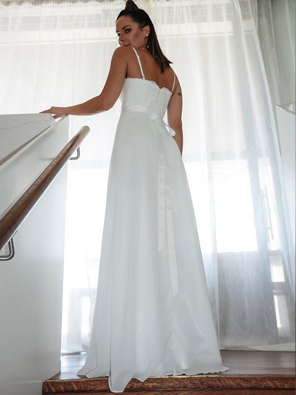 Straps Chiffon Sheath/Column Spaghetti Sleeveless Lace Floor-Length Wedding Dresses