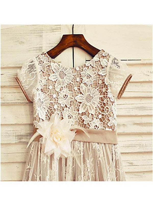 Short Scoop Sleeves Lace A-line/Princess Hand-made Flower Tea-Length Flower Girl Dresses