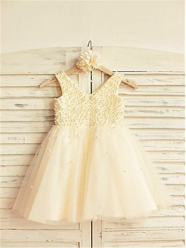 Tea-Length A-line/Princess Sleeveless Tulle Pearls V-neck Flower Girl Dresses