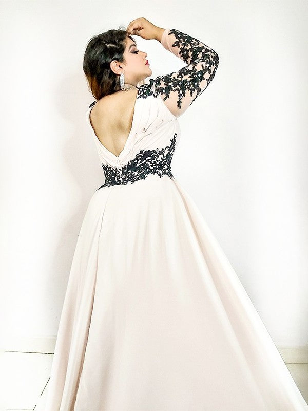 A-Line/Princess Applique Chiffon Long Sleeves V-neck Floor-Length Plus Size Dresses