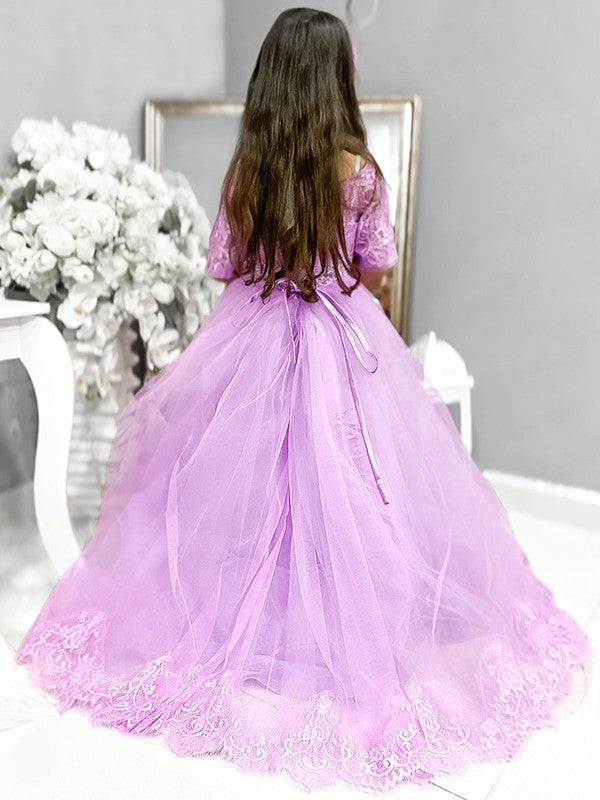 Train Off-the-Shoulder Sleeves Sweep/Brush Lace 1/2 Ball Tulle Gown Flower Girl Dresses