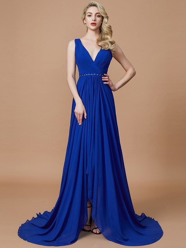 A-Line/Princess Chiffon Sweep/Brush Sleeveless V-neck Train Bridesmaid Dresses