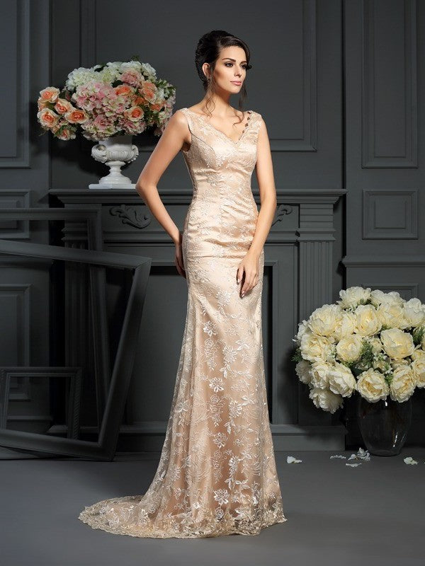 Woven A-Line/Princess Lace of Elastic Sleeveless V-neck Mother Satin Long the Bride Dresses