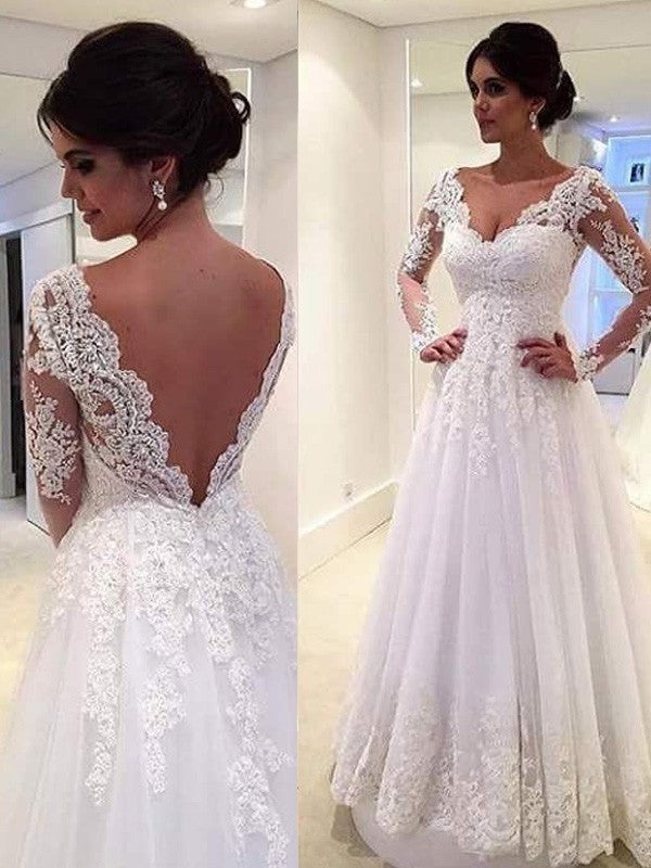 V-neck Sweep/Brush Gown Ball Lace Long Sleeves Train Tulle Wedding Dresses