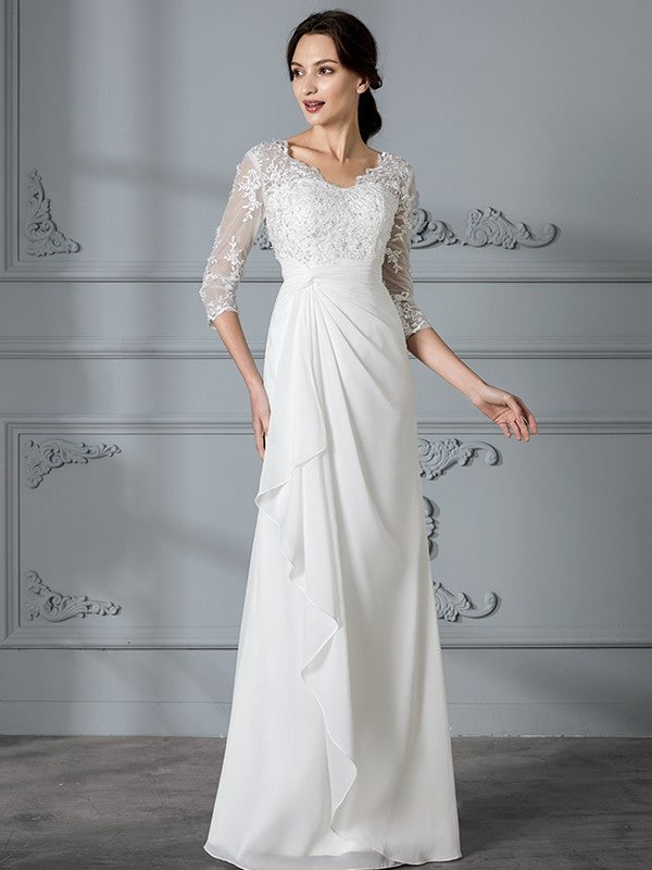 Sheath/Column V-neck Chiffon Sleeves 3/4 Floor-Length Wedding Dresses