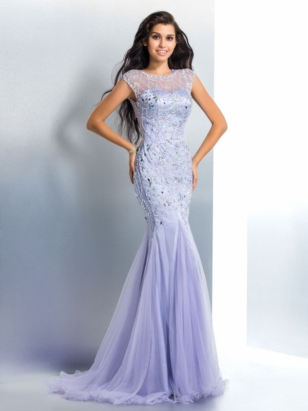 Trumpet/Mermaid Beading Neck Sleeveless Sheer Long Satin Dresses