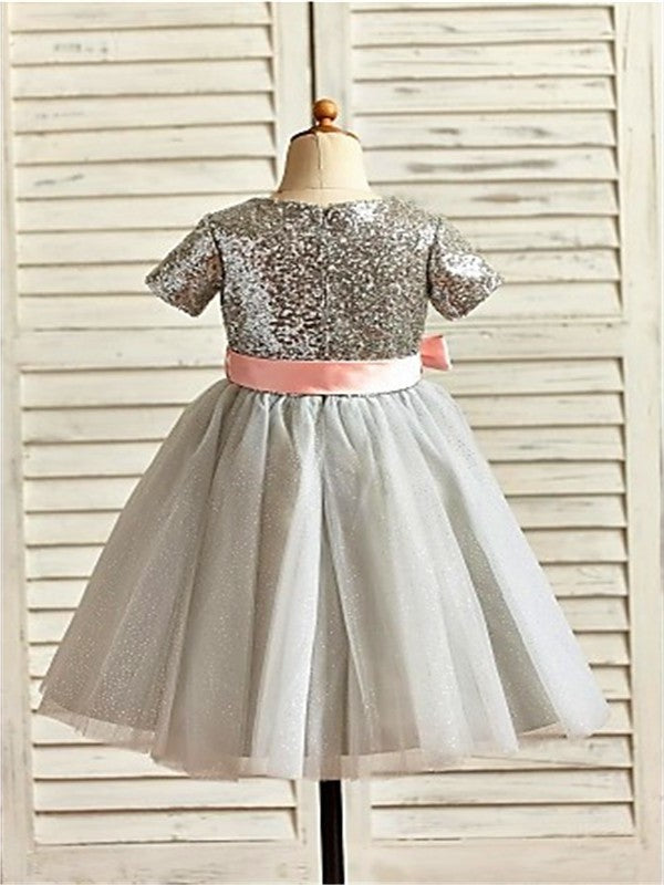 Sleeves Tulle Tea-Length Sequin A-line/Princess Scoop Short Flower Girl Dresses