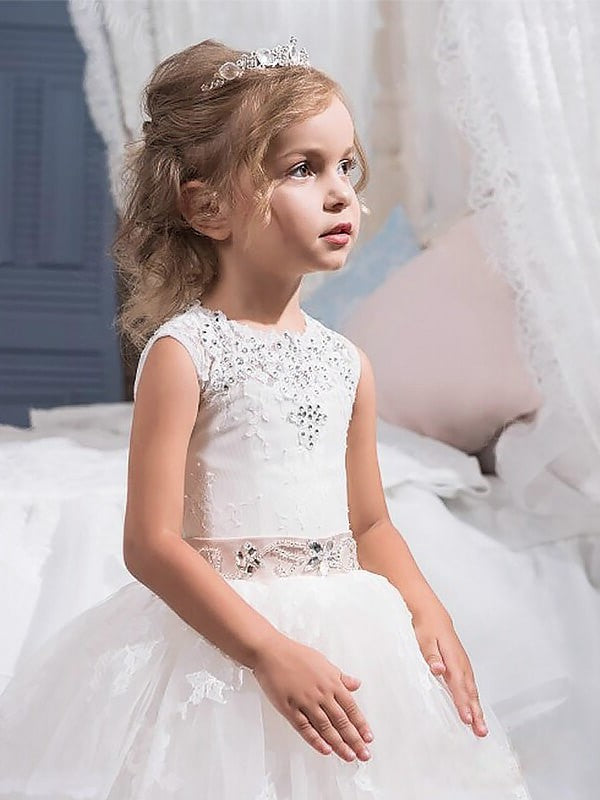 Tulle Gown Crystal Floor-Length Sleeveless Ball Jewel Flower Girl Dresses