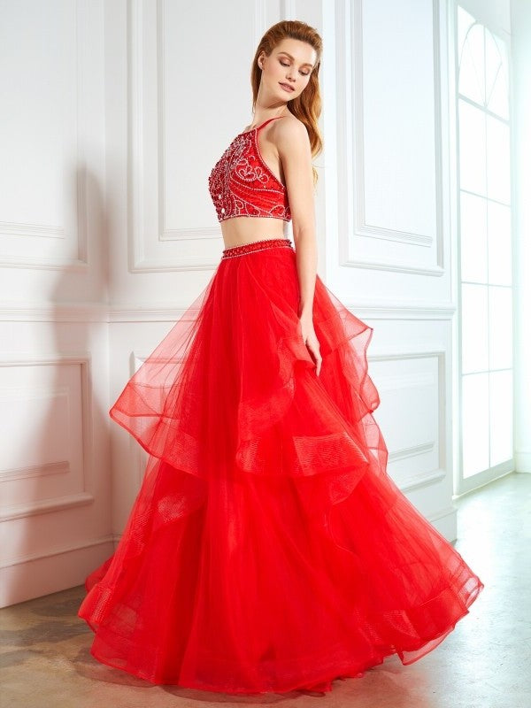 Floor-Length Beading Tulle A-Line/Princess Straps Sleeveless Spaghetti Two Piece Dresses