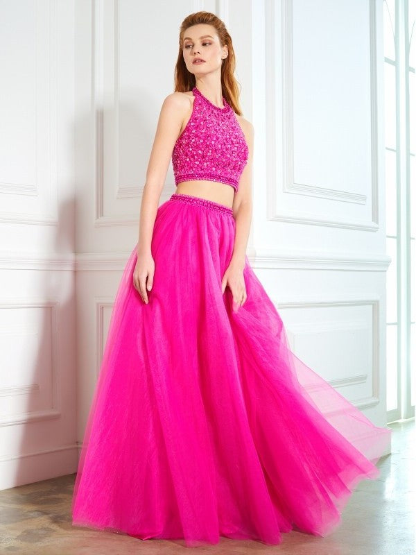 Net Floor-Length Sleeveless Halter Beading A-Line/Princess Two Piece Dresses