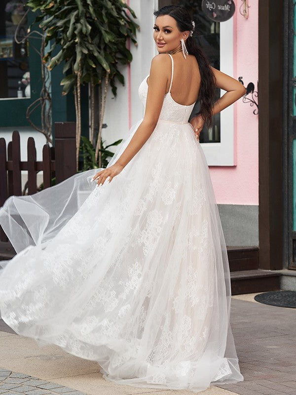 A-Line/Princess Sweep/Brush Straps Spaghetti Lace Ruffles Sleeveless Train Wedding Dresses